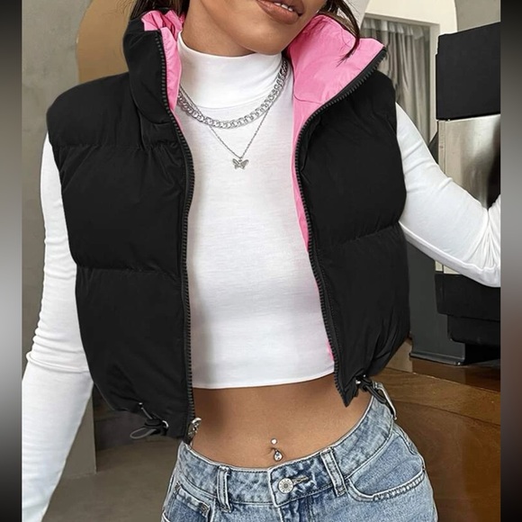 Jackets & Blazers - Black zip up reversible drawstring puffer vest